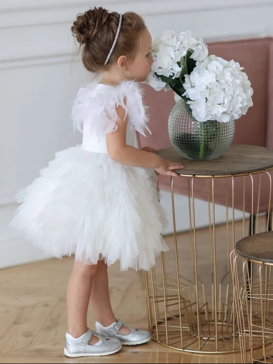Betty Pleated Feather Flower Girl Dress