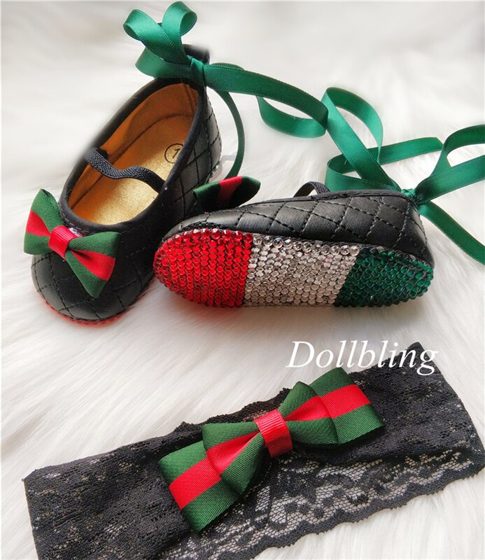 Gucci Inspired Crystals Baby Shoes with Headband - luxebabyco