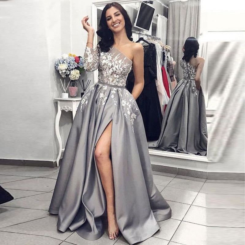Shine And Dine Grey Satin Evening Gown - luxebabyco