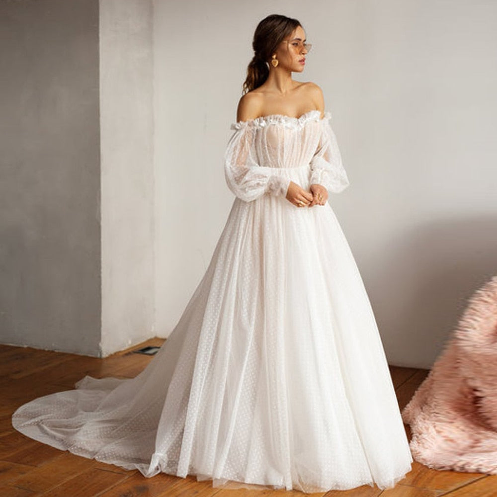 Puffy Sleeve Dot Tulle Wedding Dresses - luxebabyco
